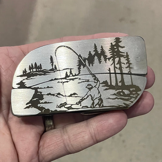 Belt Buckle Knife - Fisherman Scene